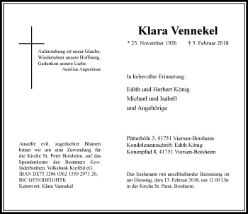 Traueranzeige von Klara Vennekel von trauer.extra-tipp-moenchengladbach.de