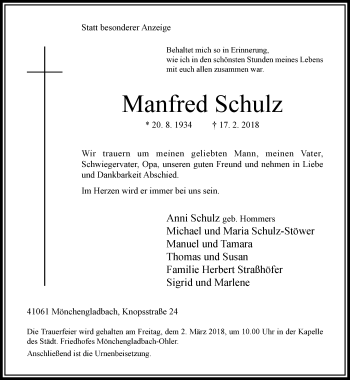 Traueranzeige von Manfred Schulz von trauer.extra-tipp-moenchengladbach.de