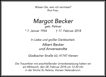 Traueranzeige von Margot Becker von trauer.extra-tipp-moenchengladbach.de
