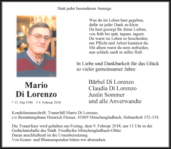 Traueranzeige von Mario Di Lorenzo von trauer.extra-tipp-moenchengladbach.de