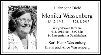 Traueranzeige von Monika Wassenberg von trauer.extra-tipp-moenchengladbach.de