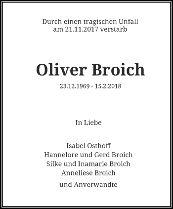 Traueranzeige von Oliver Broich von trauer.wuppertaler-rundschau.de