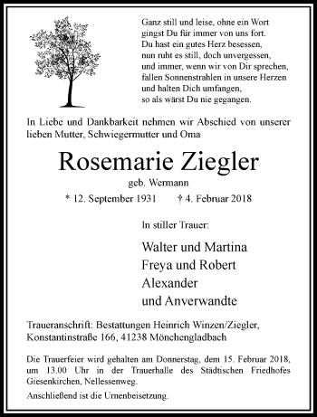 Traueranzeige von Rosemarie Ziegler von trauer.extra-tipp-moenchengladbach.de