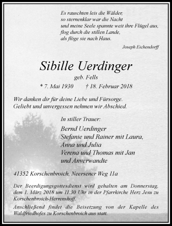 Traueranzeige von Sibille Uerdinger von trauer.extra-tipp-moenchengladbach.de
