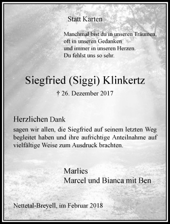 Traueranzeige von Siegfried Siggi Klinkertz von trauer.extra-tipp-moenchengladbach.de