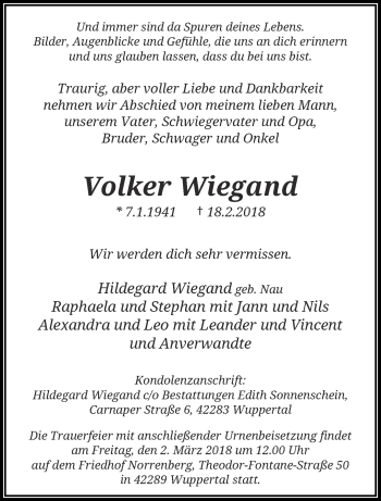 Traueranzeige von Volker Wiegand von trauer.wuppertaler-rundschau.de
