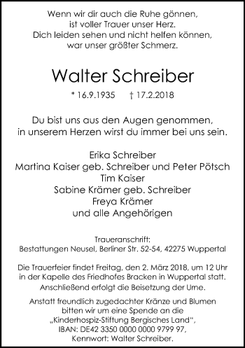 Traueranzeige von Walter Schreiber von trauer.wuppertaler-rundschau.de