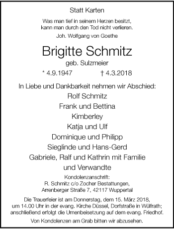 Traueranzeige von Brigitte Schmitz von trauer.wuppertaler-rundschau.de