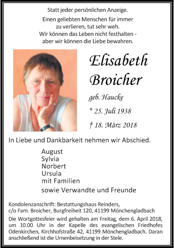 Traueranzeige von Elisabeth Broicher von trauer.extra-tipp-moenchengladbach.de