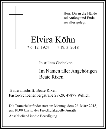 Traueranzeige von Elvira Köhn von trauer.extra-tipp-moenchengladbach.de