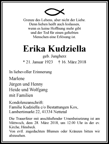 Traueranzeige von Erika Kudziella von trauer.extra-tipp-moenchengladbach.de