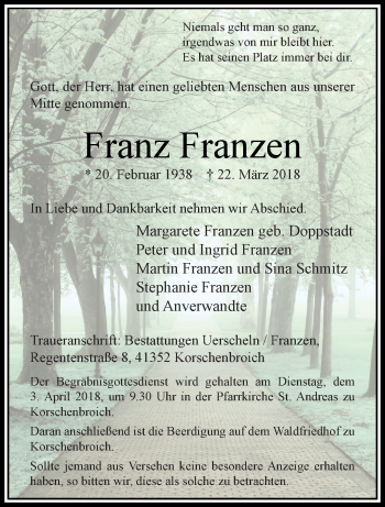 Traueranzeige von Franz Franzen von trauer.extra-tipp-moenchengladbach.de