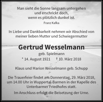 Traueranzeige von Gertrud Wesselmann von trauer.wuppertaler-rundschau.de