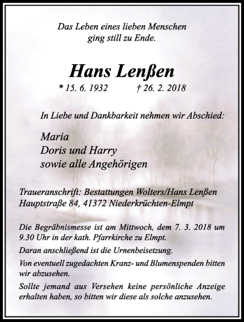 Traueranzeige von Hans Lenßen von trauer.extra-tipp-moenchengladbach.de