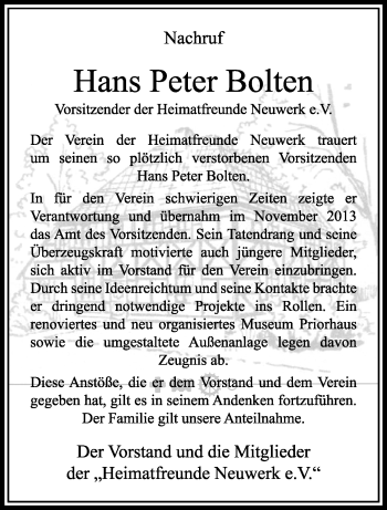 Traueranzeige von Hans Peter Bolten von trauer.extra-tipp-moenchengladbach.de