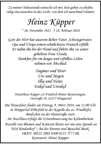 Traueranzeige von Heinz Küpper von trauer.wuppertaler-rundschau.de