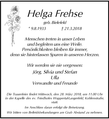 Traueranzeige von Helga Frehse von trauer.wuppertaler-rundschau.de