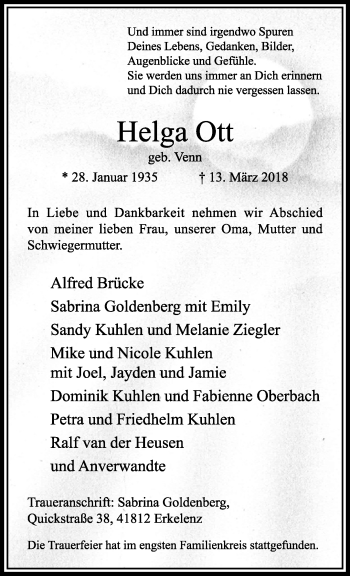 Traueranzeige von Helga Ott von trauer.extra-tipp-moenchengladbach.de