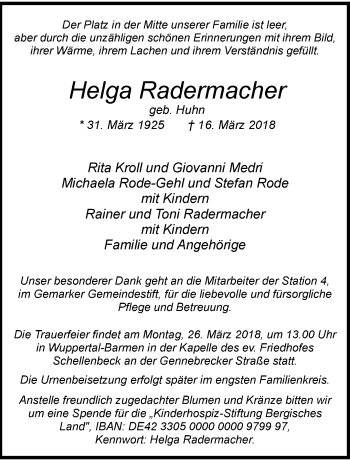 Traueranzeige von Helga Radermacher von trauer.wuppertaler-rundschau.de