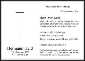 Traueranzeige von Hermann Held von trauer.extra-tipp-moenchengladbach.de