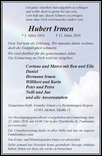 Traueranzeige von Hubert Irmen von trauer.stadt-kurier.de