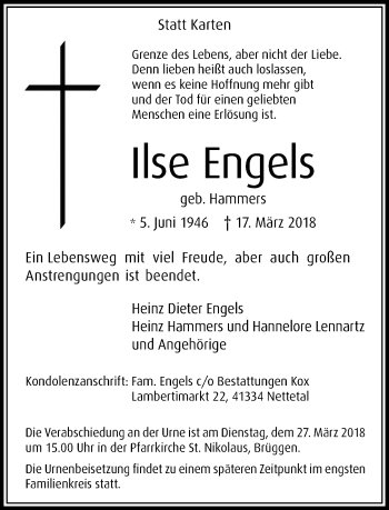 Traueranzeige von Ilse Engels von trauer.extra-tipp-moenchengladbach.de