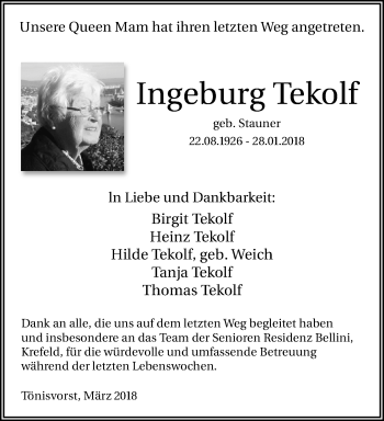 Traueranzeige von Ingeburg Tekolf von trauer.mein.krefeld.de