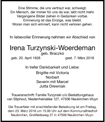 Traueranzeige von Irena Turzynski-Woerdeman von trauer.stadt-panorame.de