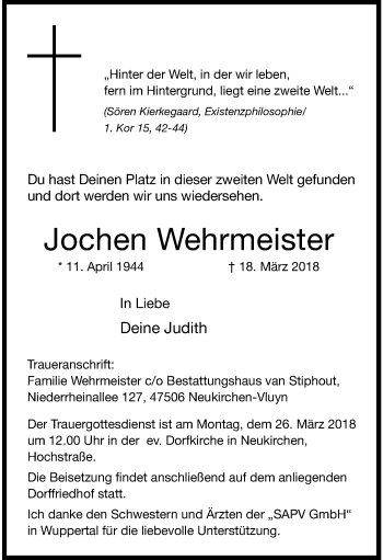 Traueranzeige von Jochen Wehrmeister von trauer.wuppertaler-rundschau.de