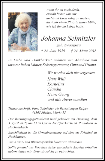 Traueranzeige von Johanna Schnitzler von trauer.stadt-kurier.de