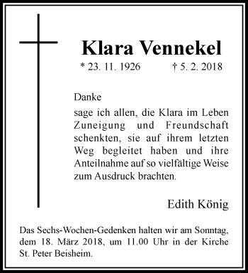 Traueranzeige von Klara Vennekel von trauer.extra-tipp-moenchengladbach.de