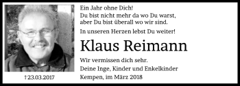 Traueranzeige von Klaus Reimann von trauer.mein.krefeld.de