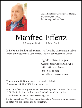 Traueranzeige von Manfred Effertz von trauer.extra-tipp-moenchengladbach.de