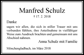 Traueranzeige von Manfred Schulz von trauer.extra-tipp-moenchengladbach.de