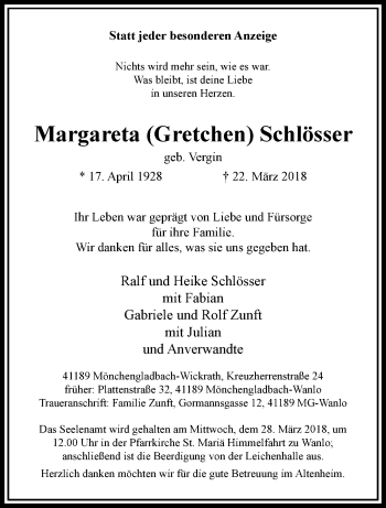 Traueranzeige von Margareta Schlösser von trauer.extra-tipp-moenchengladbach.de
