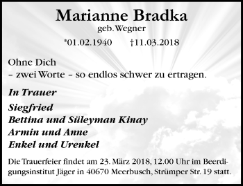 Traueranzeige von Marianne Bradka von trauer.mein.krefeld.de