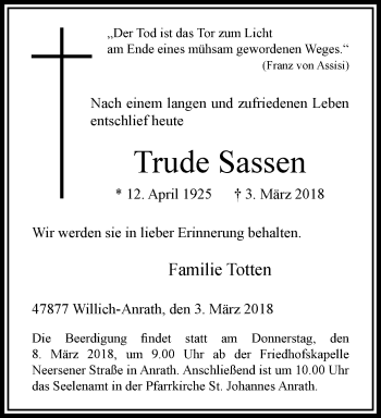 Traueranzeige von Trude Sassen von trauer.extra-tipp-moenchengladbach.de