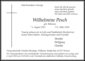 Traueranzeige von Wilhelmine Pesch von trauer.extra-tipp-moenchengladbach.de