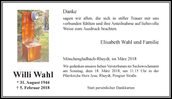 Traueranzeige von Willi Wahl von trauer.extra-tipp-moenchengladbach.de