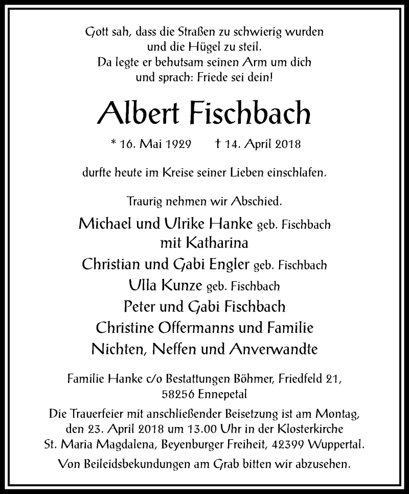  Traueranzeige für Albert Fischbach vom 21.04.2018 aus trauer.wuppertaler-rundschau.de