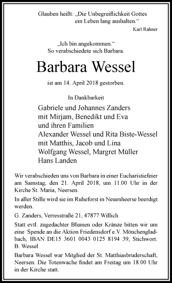 Traueranzeige von Barbara Wessel von trauer.extra-tipp-moenchengladbach.de