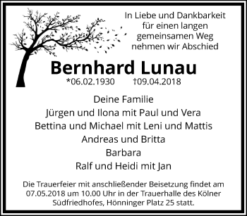 Traueranzeige von Bernhard Lunau von trauer.mein.krefeld.de