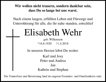 Traueranzeige von Elisabeth Wehr von trauer.mein.krefeld.de