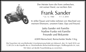 Traueranzeige von Frank Sander von trauer.wuppertaler-rundschau.de