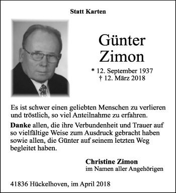 Traueranzeige von Günter Zimon von trauer.extra-tipp-moenchengladbach.de