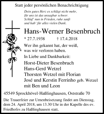 Traueranzeige von Hans-Werner Besenbruch von trauer.wuppertaler-rundschau.de