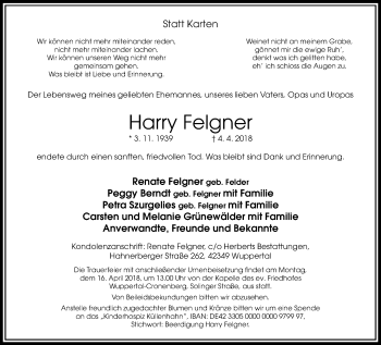 Traueranzeige von Harry Felgner von trauer.wuppertaler-rundschau.de