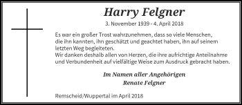 Traueranzeige von Harry Felgner von trauer.wuppertaler-rundschau.de