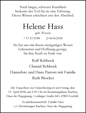 Traueranzeige von Helene Hass von trauer.mein.krefeld.de