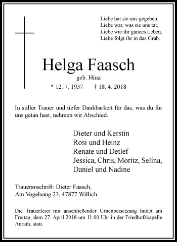 Traueranzeige von Helga Faasch von trauer.extra-tipp-moenchengladbach.de